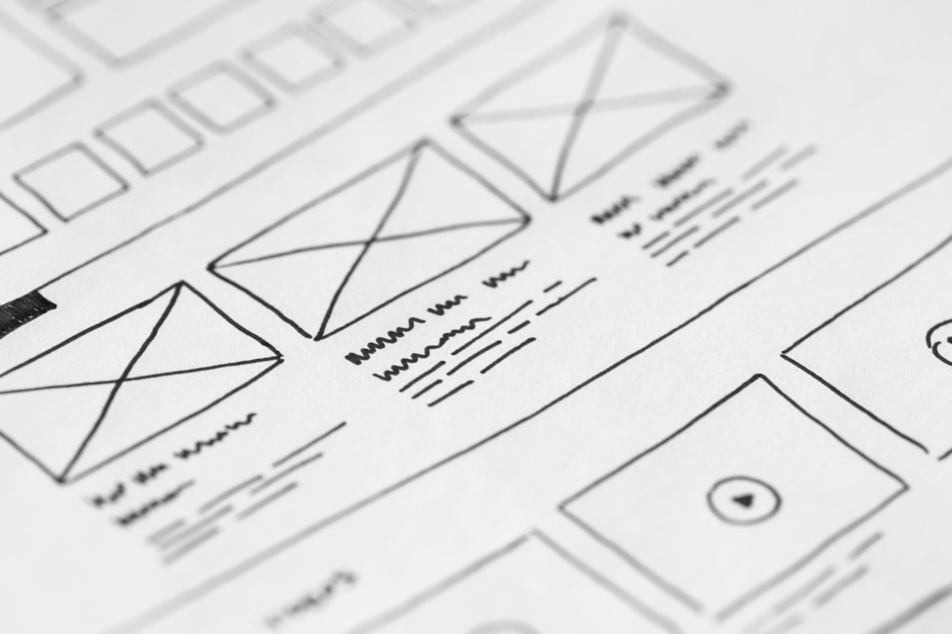 Szkic ręcznie rysowanego wireframe na kartce przy projektowaniu strony